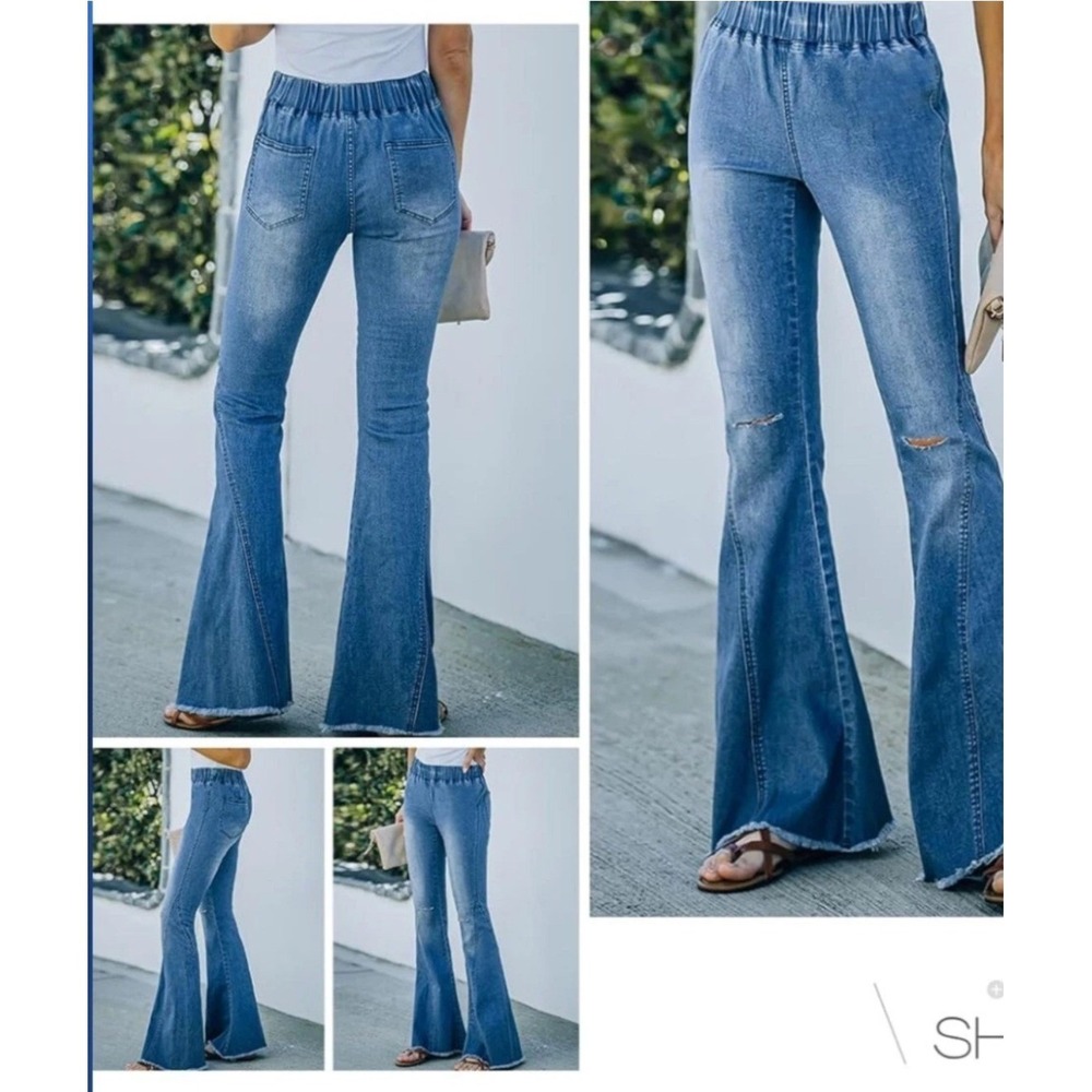 Women Blue Distressed Pull On Flare Jeans Elastic Waist Bell Bottoms Medium Wash